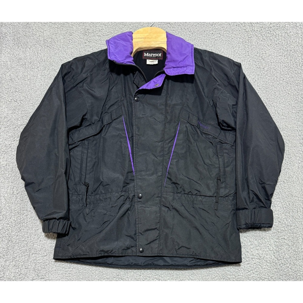 Marmot Black Winter Nylon Jacket Lined Mens Large Full Zip / Snap Button No Hood